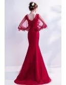 Fit And Flare Red Lace Prom Dress With Cape Sleeves