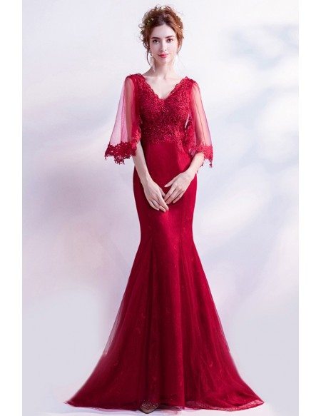 Fit And Flare Red Lace Prom Dress With Cape Sleeves