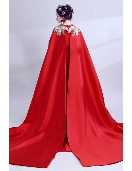 Exaggerated Red Satin Formal Cheongsam Dress In Chinese Style