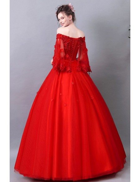 Formal Red Off Shoulder Ballgown Quinceanera Dress With Flare Sleeves