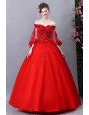 Formal Red Off Shoulder Ballgown Quinceanera Dress With Flare Sleeves