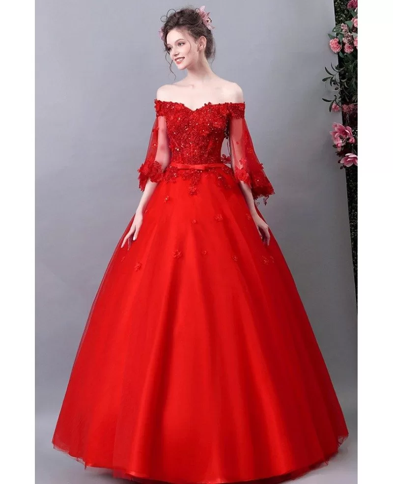 red off the shoulder ball gown