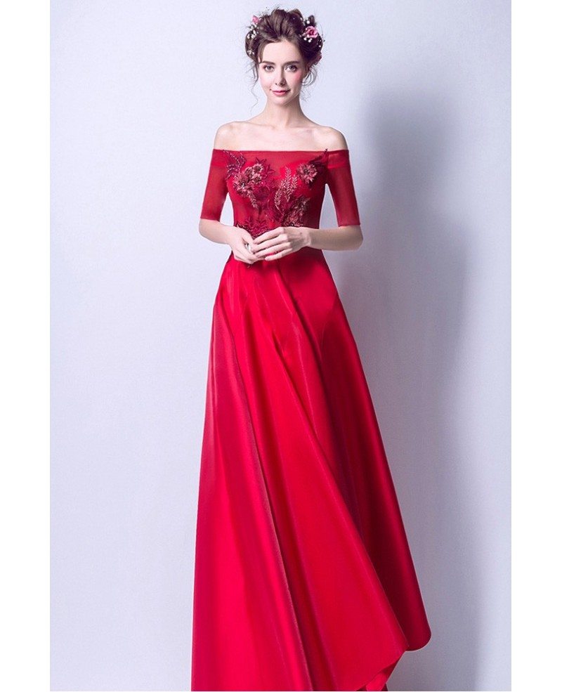 Long Red Embroidery Formal Dress With Off The Shoulder Sleeves ...