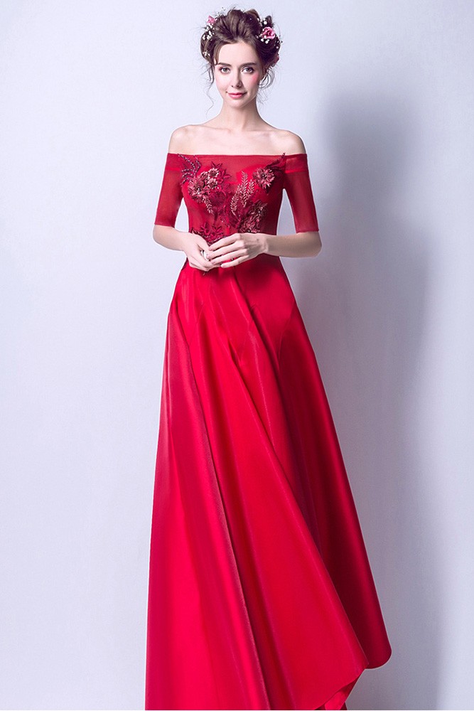 Long Red Embroidery Formal Dress With Off The Shoulder Sleeves ...