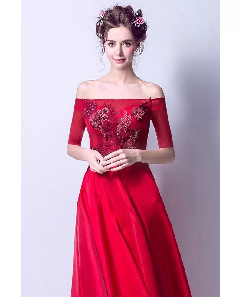 Long Red Embroidery Formal Dress With Off The Shoulder Sleeves ...