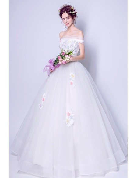 Non Traditional Off Shoulder Bridal Gown With Color Flowers