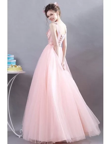 Dreamy Pink Tulle Long Prom Dress With Appliques For Teens