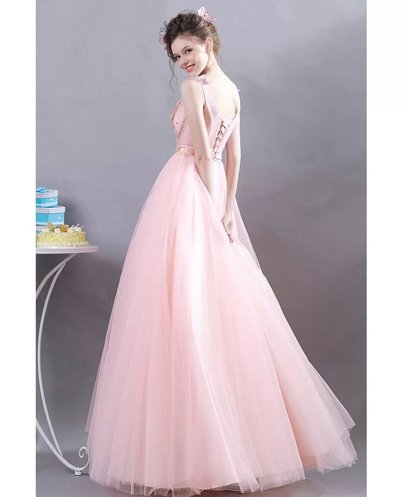 Dreamy Pink Tulle Long Prom Dress With Appliques For Teens Wholesale # ...
