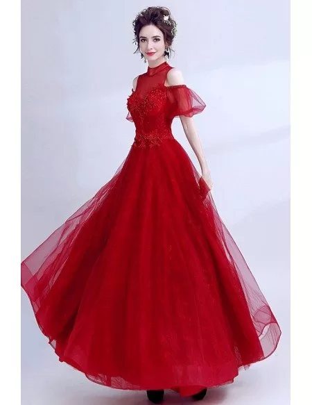 Gorgeous High Neck Red Formal Dress With Cold Shoulder