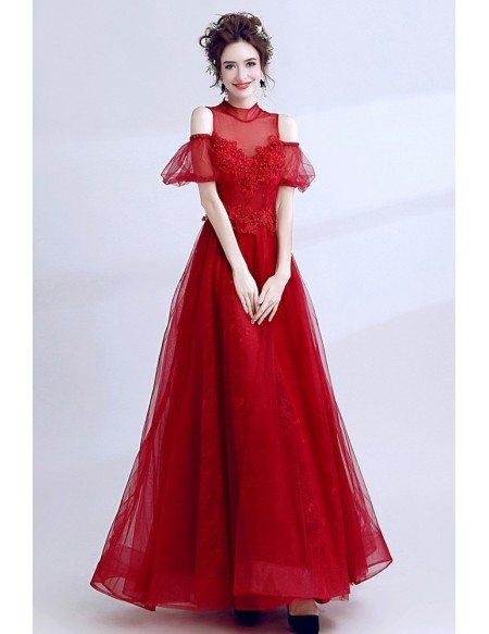 Gorgeous High Neck Red Formal Dress With Cold Shoulder