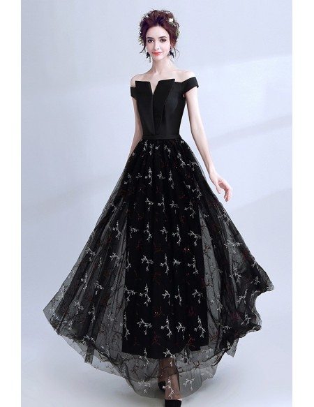 Off The Shoulder Black Prom Dress Long With Lace Sequi Skirt