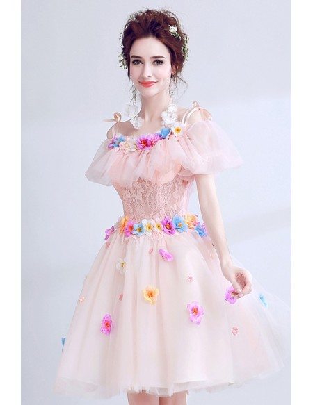 Unique Pink Short Homecoming Dress With Colorful Flowers