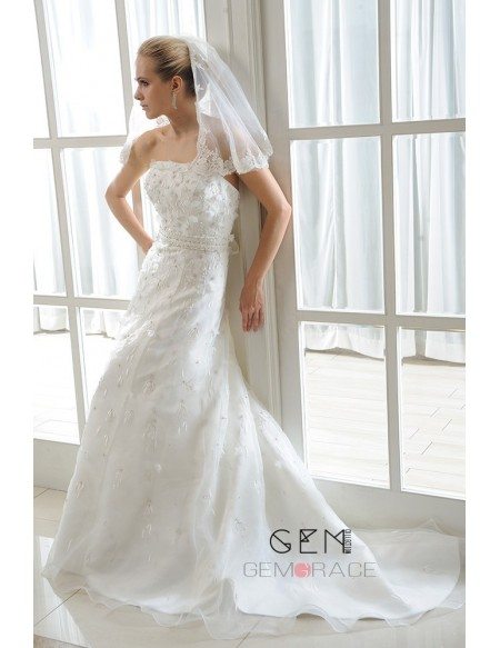 A-Line Strapless Court Train Tulle Wedding Dress With Beading Appliques Lace Bow