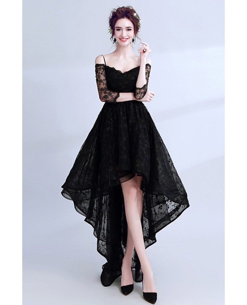 High Low Black Lace Prom Dress Sleeved With Spaghetti Straps Wholesale