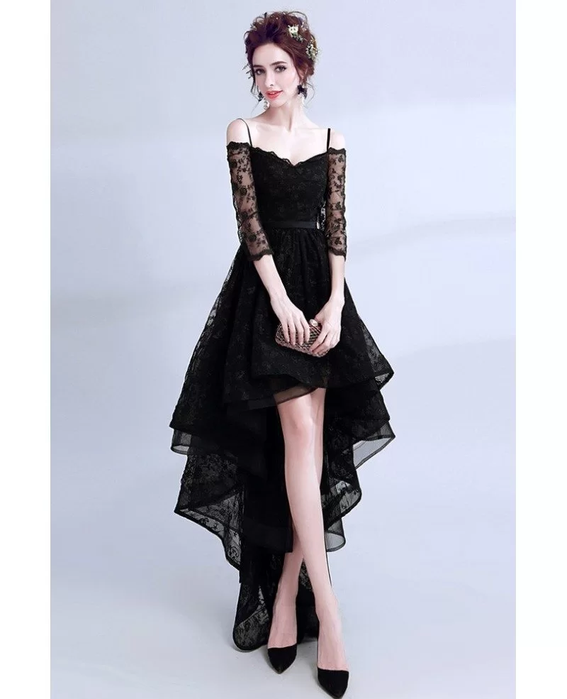 High Low Black Lace Prom Dress Sleeved With Spaghetti Straps Wholesale ...