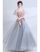 Grey With Pink Floral Long Prom Dress With Short Puffy Sleeves