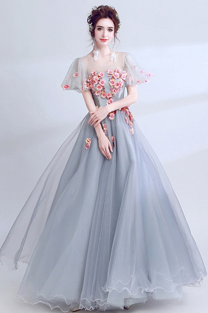 open lace back dress Elegant Grey Dress with Pink Floral Accents – Weavllite main image 1
