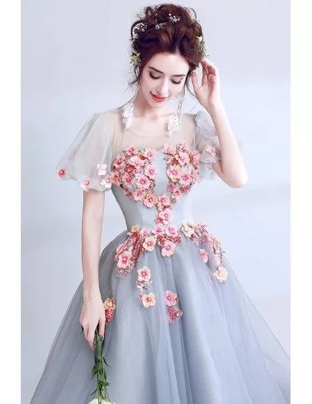 Grey With Pink Floral Long Prom Dress With Short Puffy Sleeves