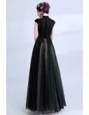 Modest Black Lace Beaded Formal Dress Cap Sleeves Floor Length