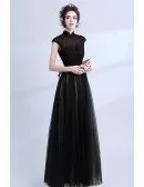 Modest Black Lace Beaded Formal Dress Cap Sleeves Floor Length