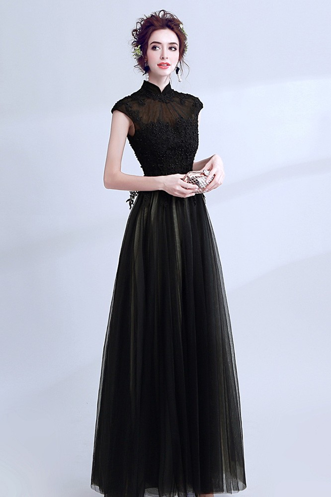 Modest Black Lace Beaded Formal Dress Cap Sleeves Floor Length ...