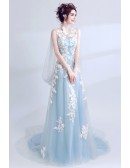 Gorgeous Sleeveless Blue Long Prom Dress With Color Applique