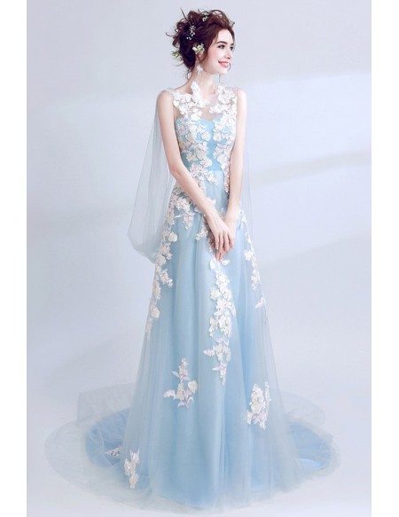 Gorgeous Sleeveless Blue Long Prom Dress With Color Applique