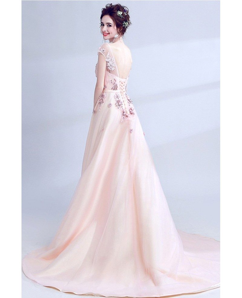 Pink Sequin Applique A Line Prom Dress Long with Beads main image 0