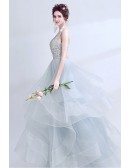Sparkly Grey Ball Gown Prom Dress Long With Open Back