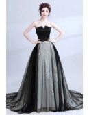 Unique Strapless Black Long Prom Dress Ball Gown With Grey Lace
