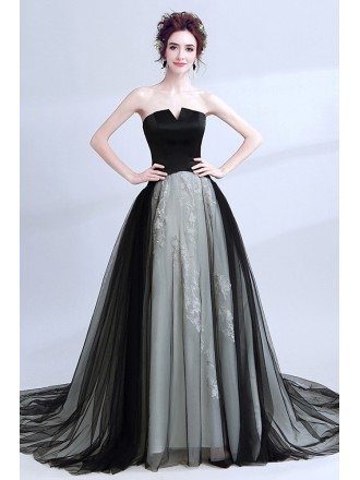 Unique Strapless Black Long Prom Dress Ball Gown With Grey Lace
