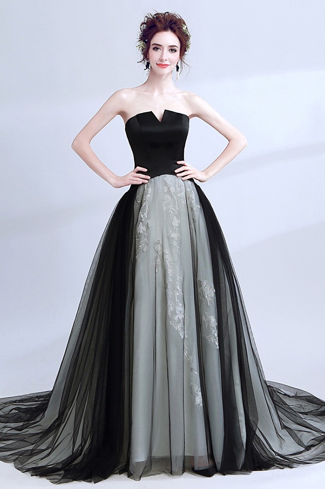 Unique Strapless Black Long Prom Dress Ball Gown With Grey Lace ...