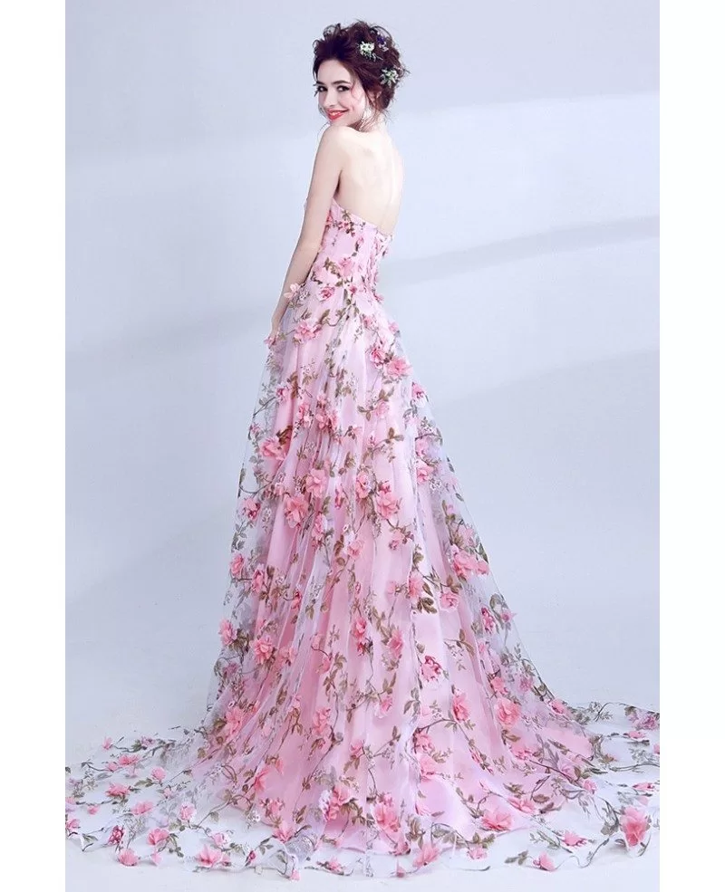 Fairy Pink Floral Printed Prom Dress Strapless Long For Teens Wholesale ...