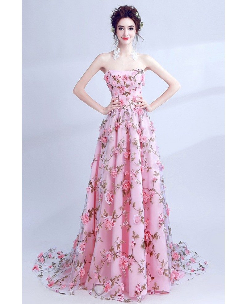 Fairy Pink Floral Printed Prom Dress Strapless Long For Teens