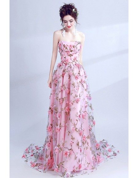 Fairy Pink Floral Printed Prom Dress Strapless Long For Teens Wholesale ...