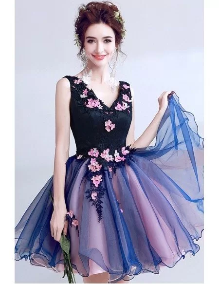 V-neck Navy Blue Lace Short Prom Dress With Pink Beaded Florals