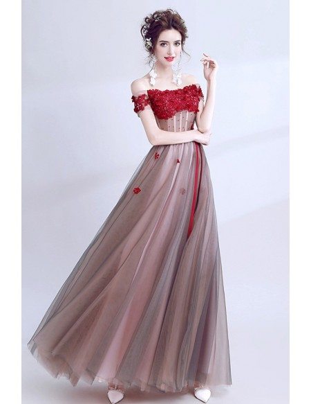 A Line Blackish Pink Long Prom Dress With Off The Shoulder Lace