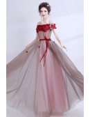 A Line Blackish Pink Long Prom Dress With Off The Shoulder Lace