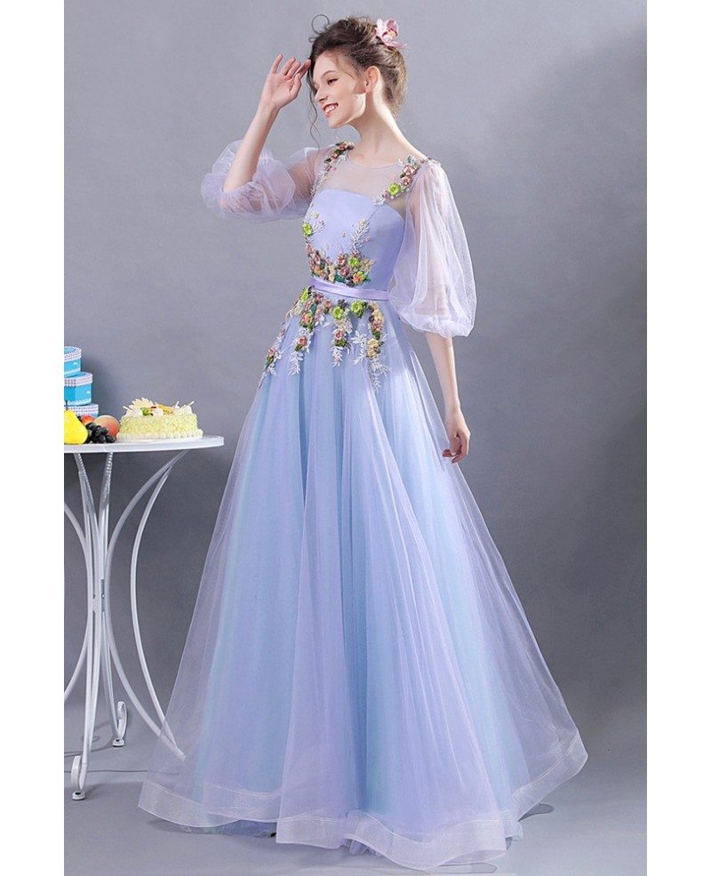 Fairy Lavender Tulle Floral Prom Dress With Puffy Sleeves Wholesale # ...
