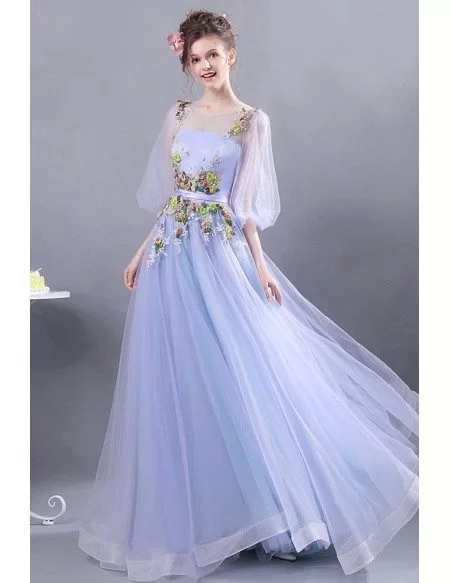 Fairy Lavender Tulle Floral Prom Dress With Puffy Sleeves Wholesale #