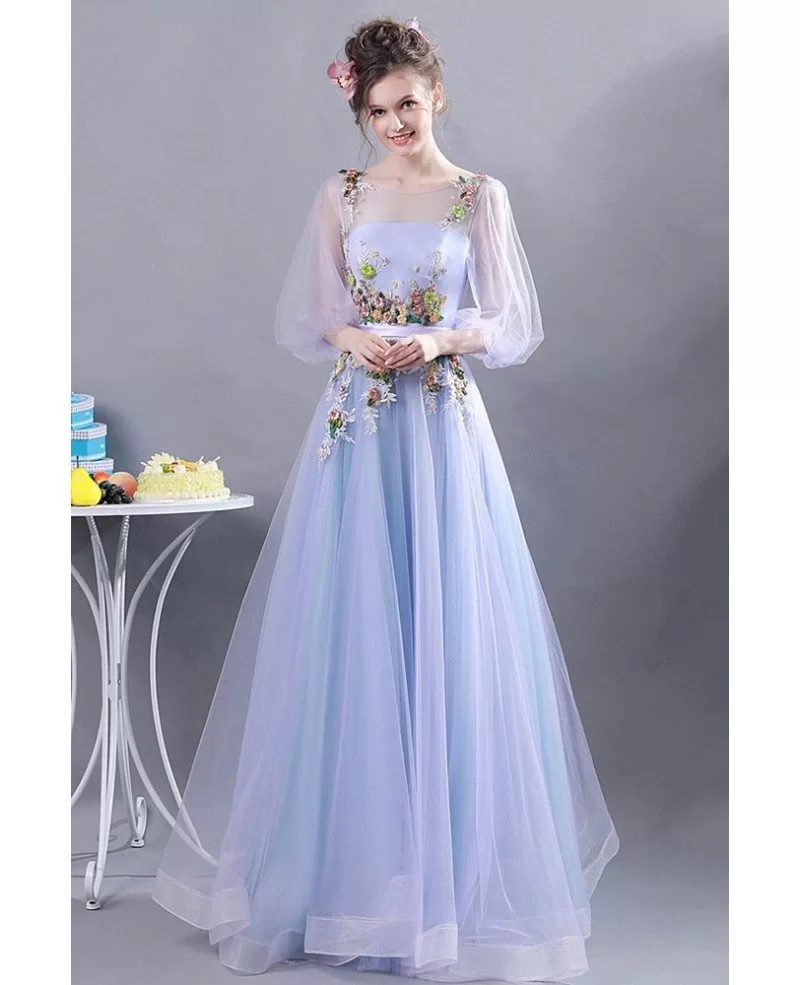 Fairy Lavender Tulle Floral Prom Dress With Puffy Sleeves Wholesale #