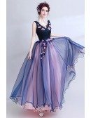 Gorgeous Dark Navy Blue Floral Prom Dress Long With Ballroom Skirt