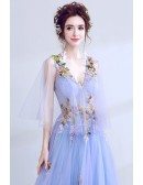 Beautiful Lavender Cape Sleeve Prom Dress V Neck With Colorful Flowers