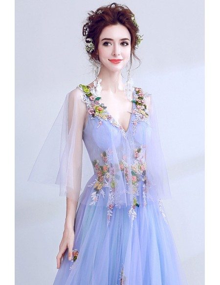 Beautiful Lavender Cape Sleeve Prom Dress V Neck With Colorful Flowers