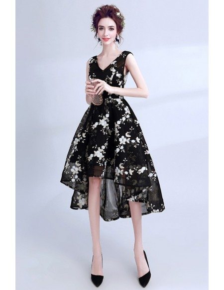 Mesh Black With White Lace Prom Dress Sleeveless In High Low Style