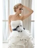 A-Line Strapless Short Organza Wedding Dress With Cascading Ruffles Flowers Bow