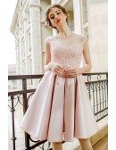 Classy Blush Pink Short Satin Prom Dress With Lace Open Back