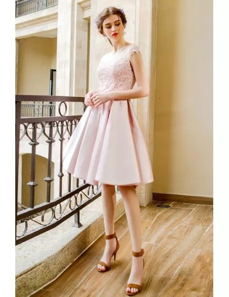 Classy Blush Pink Short Satin Prom Dress With Lace Open Back