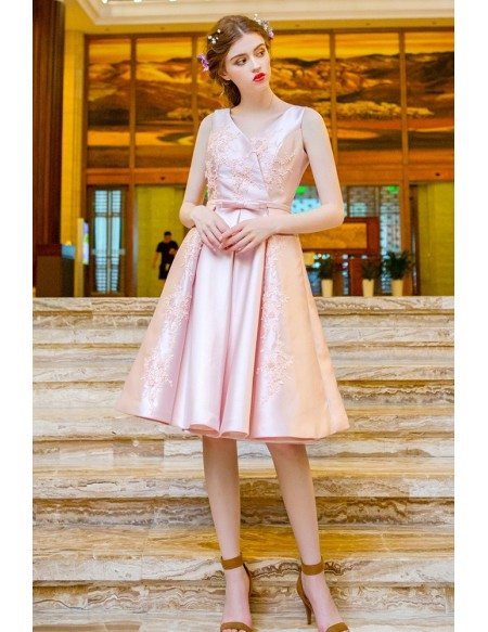 Sweet Pink Satin Short Party Dress Sleeveless With Lace