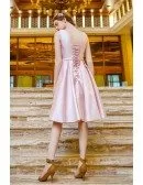Sweet Pink Satin Short Party Dress Sleeveless With Lace